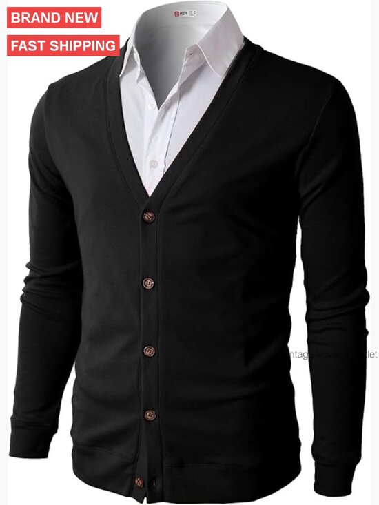 Other - Men's Slim Fit V-Neck Cardigan, Cotton Blend, Long Sleeve Button Down